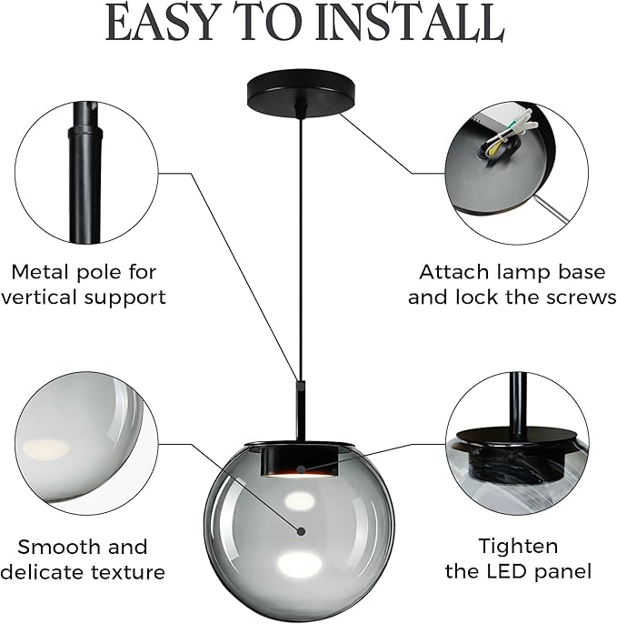 Advanced 3CCT Smoke Glass Pendant Light, Built-in LED Panel for Ultra-Even, Glare-Free Lighting, Modern Design and Stylist Fixture for Kitchen Island, Dining Table and Bedside(7.9in, 1-Pack)