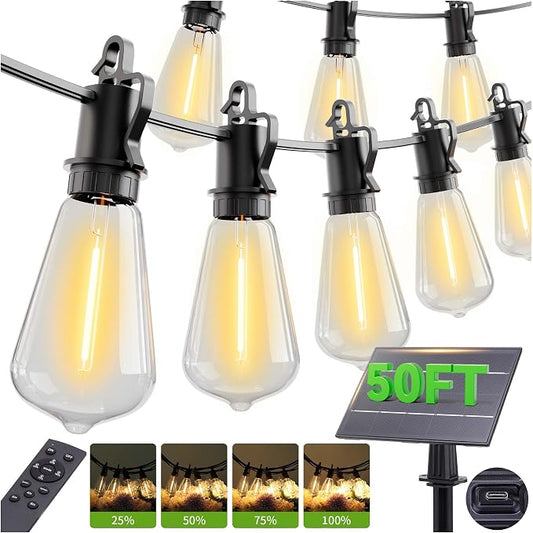 50FT Solar String Lights Outdoor with Remote, IP65 Waterproof Shatterproof ST38 15 LED Bulbs, 2700K Dimmable Outside Hanging Lights for Patio, Garden, Camping, Deck, Backyard Decor