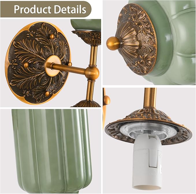 LOUSACE 2-Light Vintage Milk Glass Bathroom Vanity Light with Brass Finish Base & Green Glass Shade - Indoor Wall Sconce Lighting for Mirror, Bathroom, Living Room, Gallery (Bulbs Included)