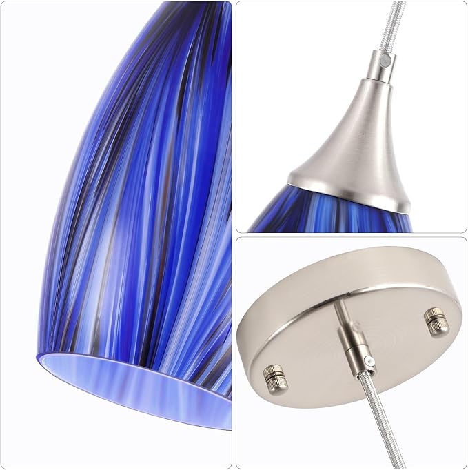 GLADFRESIT Deep-Sea Blue Glass Pendant Lights – Set of 3, Handcrafted Hanging Lights for Kitchen Island, Dining Room, or Entryway – Adjustable Nylon Cord & Ceramic Socket – E26 Base (Bulbs Excluded)