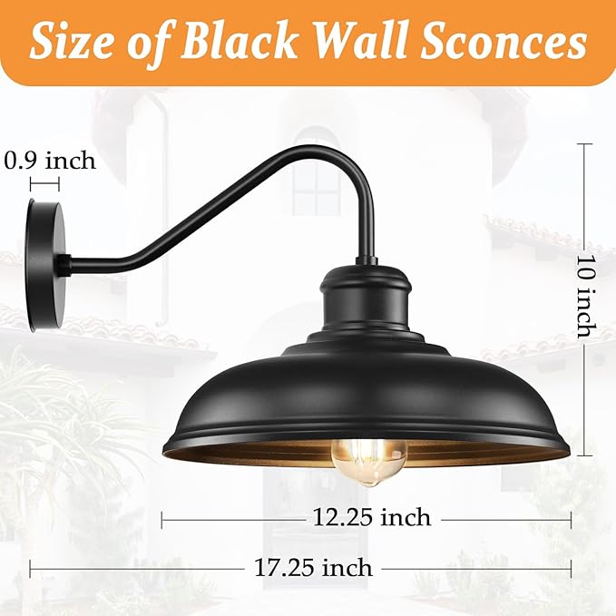 17.25” Outdoor Wall Light Fixtures 2-Pack, Farmhouse Black Barn Lights, Gooseneck Exterior Lighting Fixtures Wall Mounted, Porch Lights Waterproof, Anti-Rust Outdoor Lights for House Garage Entryway