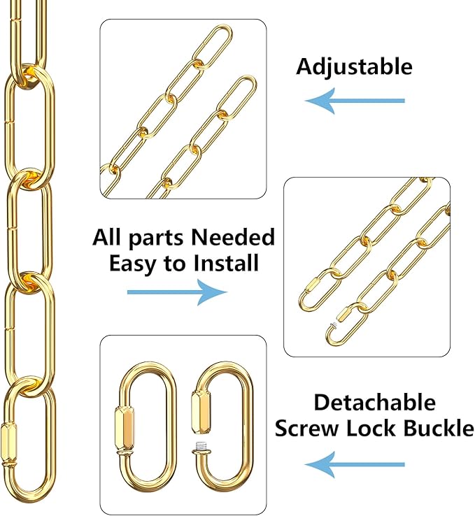 garini 6 Feet Gold Light Fixture Chain 6 Feet, Adjustable Metal Pendant Chandelier Chain Extension with Detachable Link, Maximum Load is 66 Pounds, 2 Pcs