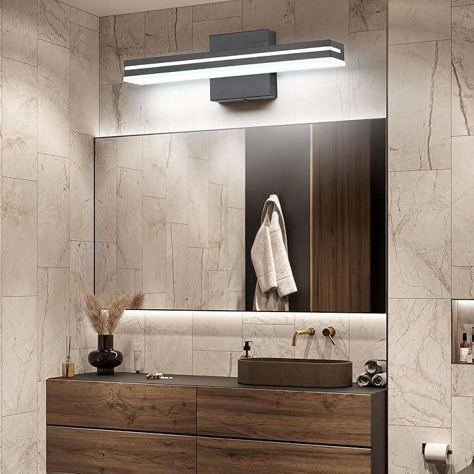 SineRise 16-Inch LED Modern Bathroom Vanity Light Bar, Matte Black Modern Acrylic Bathroom Wall Lighting Fixtures Over Mirror (Cool White 6000K)