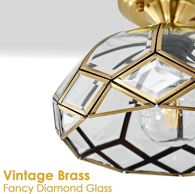 Brass Glass Semi Flush Mount Ceiling Light 1-Light Hallway Ceiling Light Vintage Gold Close to Ceiling Light Fixture for Foyer,Entryway,Kitchen,Bathroom,11.42in