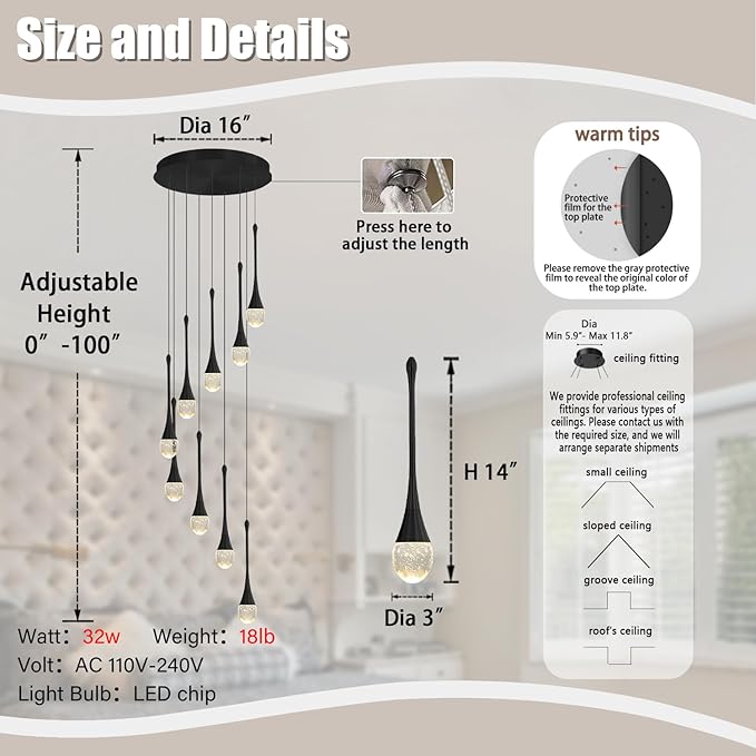 ykolupty 9-Lights Black Pendant Chandliers 100'' High Staircase Ceiling Chandeliers Crystal Bubble Raindrop Lighting Chandelier Ceiling Living Room Dimmable 2700-6000k LED Dining Lighting