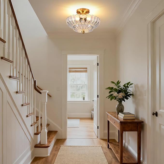 Semi Flush Mount Ceiling Light, 11.8 Inch Gold Vintage Hallway Light Fixture with Transparent Glass, Close to Ceiling Light for Bedroom Kitchen Living Room Bathroom Foyer, E26 Base