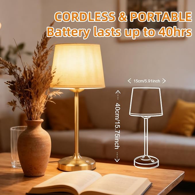 Deogos Cordless Table Lamp Gold with Dimmer, 4000mAH Battery Operated Lamp Rechargeable, 3 Color Temperature Touch Control Fabric Desk Light for Dining Room, Bedroom, Bar, Patio, Counter, Restaurant
