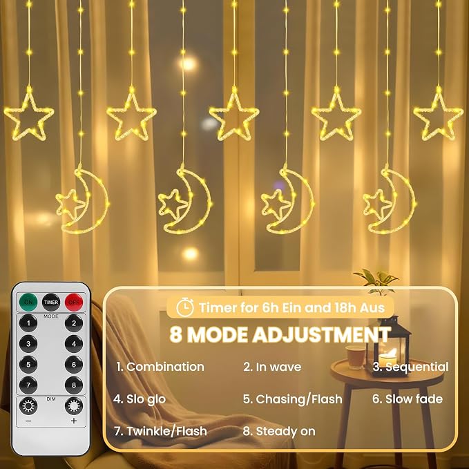 130 LED Star Moon Curtain Decorative Lights, Ramadan Window Curtain Fairy String Lights, Remote Control & USB Plug, 8 Lighting Modes, for Indoor, Home Holiday, Party, Ramadan Decorations