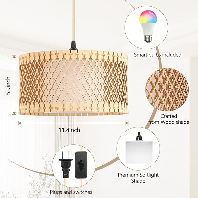 ZSLAIFU Hanging Lamp Plug in Pendant Light, 15FT Hanging Lights with Plug in Cord, Hanging Light with Bulb and Remote, Wood Shade Hanging Lamps for Bedroom, Living Room, Kitchen, Farmhouse