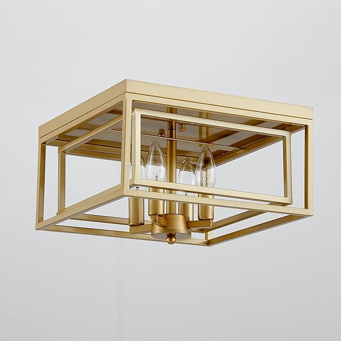 Square Ceiling Light, 4-Light Flushmount Modern Close to Ceiling Light Fixture for Living Room, Bedroom, Dining Room, L13 x W13 x H7 inch, Gold Finish Frame