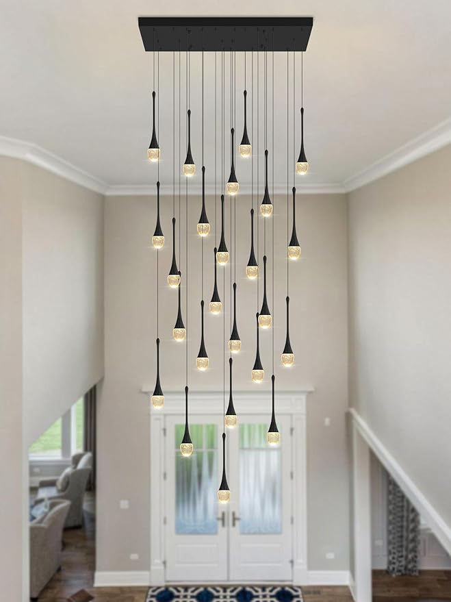 ykolupty 24-Lights Rectangular Chandelier Crystal Raindrop Chandeliers Flush Mount Ceiling Light for Dining Room Living Room High Ceiling Chandelier for Staircase Foyer Entryway Black Chandeliers