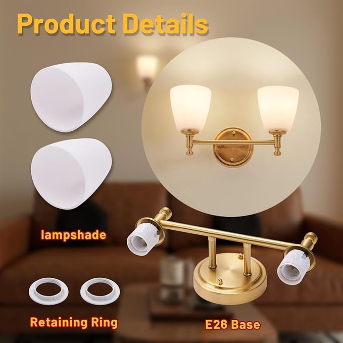 Bathroom Light Fixtures, 2-Light Brass Vanity Light with Milk Glass Shade Vintage Above Mirror Lamp Wall-Mounted Wall Sconce for Bedroom, Living Room, Hallway, Stairway, Sink (Bulb not Included)