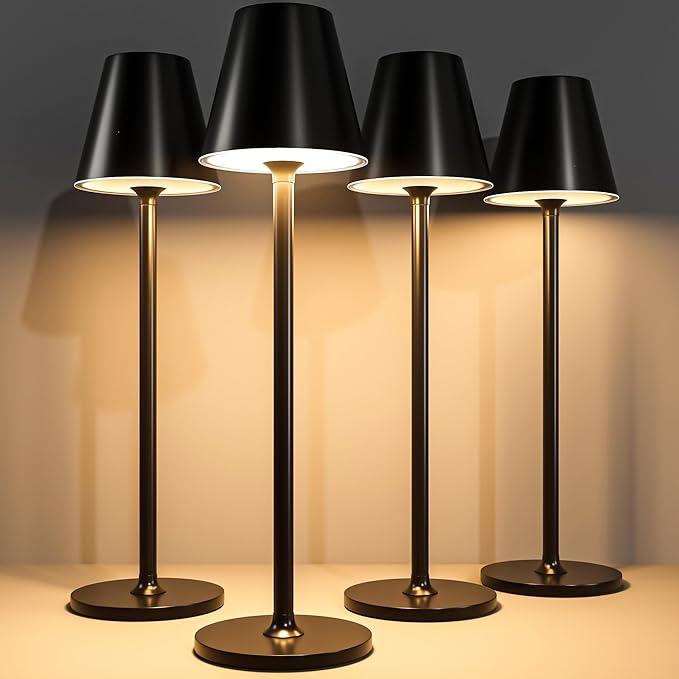 Timjorman 4-Pack Cordless Table Lamps - 5000mAh Rechargeable Battery Operated Desk Lamp, 3-Level Dimmable LED Night Light for Bedroom, Dining, Restaurant - Metal Design(Black 4pack)