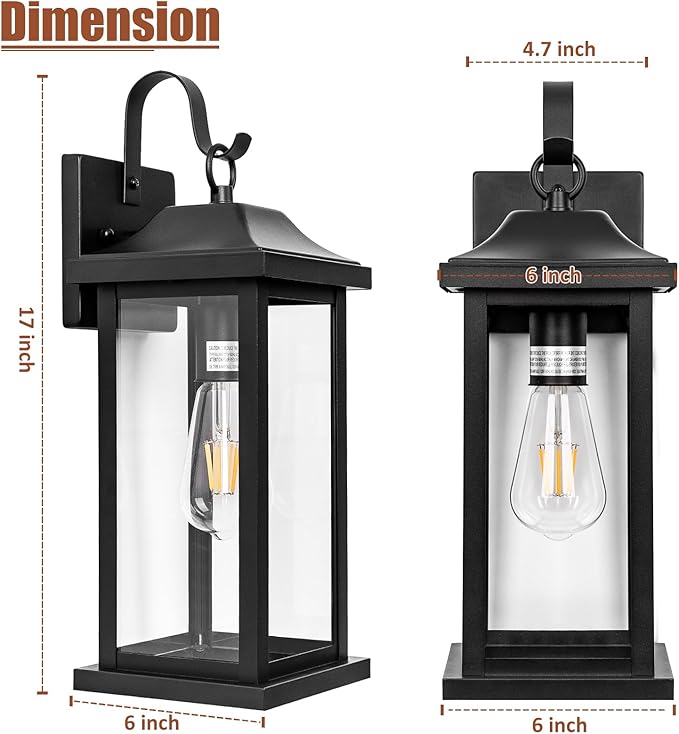 Large Black Outdoor Wall Light 17 Inch, Exterior Light Fixture with IP65 Waterproof Clear Glass, Modern Outside Wall Sconce Porch Light for Front Door Backyard, Wall Mounted Lamp E26 Base