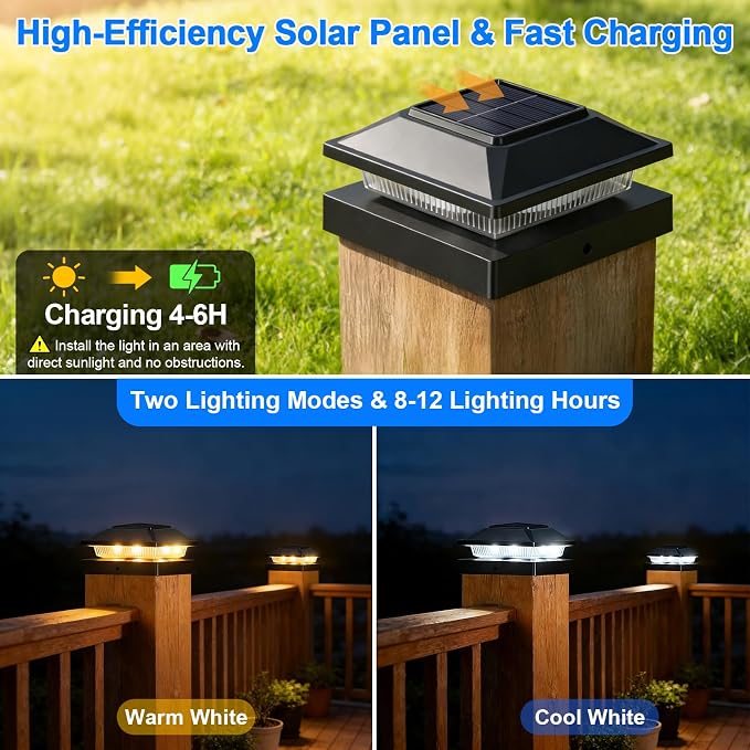 Brightever 4x4 3.5x3.5 Solar Post Cap Lights 8-Pack, Outdoor Solar Powered Fence Post Lights, Black Solar Waterproof Deck Post Lights for Vinyl/Wood Posts, Warm/Cool White, Perfect for Garden Patio