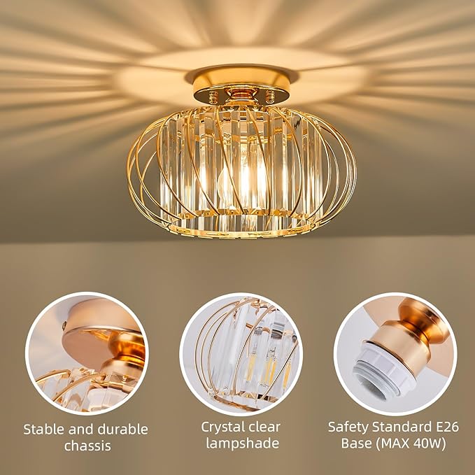 Semi Flush Mount Crystal Ceiling Light, 11 Inch Metal Cage Hallway Ceiling Lamps, Farmhouse Ceiling Light Fixture, Industrial Crystal Chandelier for Corridor Bathroom Kitchen (E26, Gold)