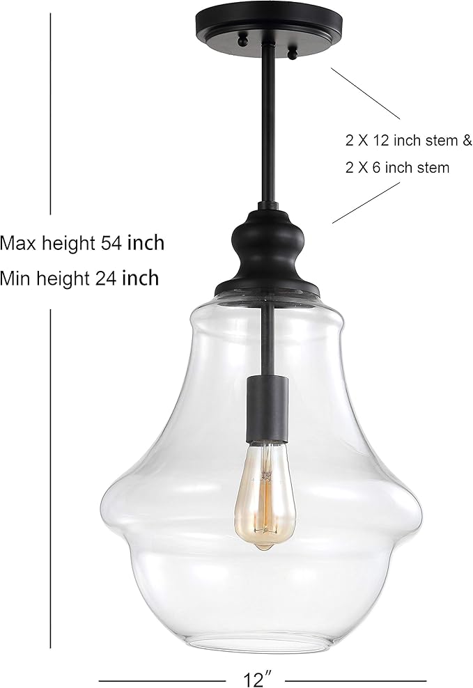 JONATHAN Y 12" Oil Rubbed Bronze 1-Light Iron and Glass Pendant Light, Adjustable Height Schoolhouse for Kitchen Island Foyer, Farmhouse Rustic Style, LED Bulb Included JYL9046B