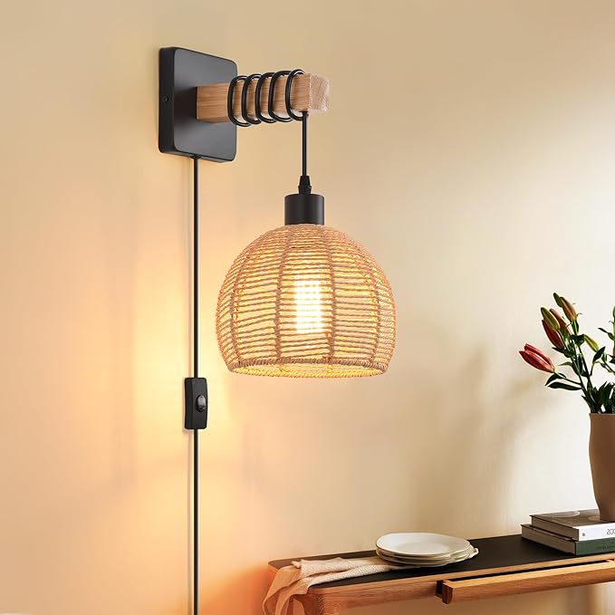 Rustic Wall Sconces Fixtures with Plug in Cord, Set of Two Indoor Vintage Rattan Wall Light Industrial Lamp Fixture Farmhouse Metal Sconces Light for Bedroom Bedside Living Room
