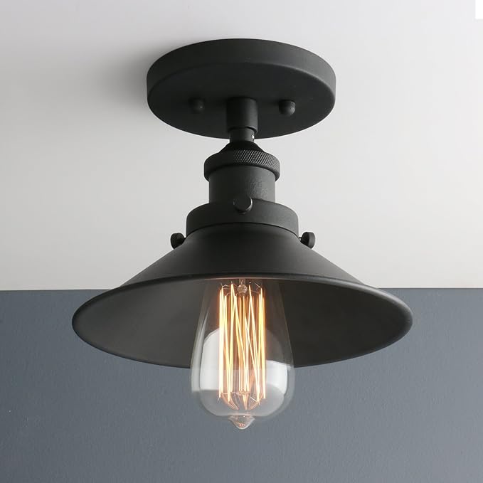 Phansthy Industrial Semi Flush Mount Ceiling Light, 1-Light Pendant Light with 8.1" Metal Shade, Vintage Hanging Lamp for Bedroom Kitchen Living Room Dining Room (Cone Metal Shade -Black)