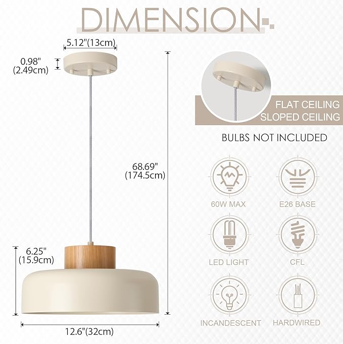 Modern Pendant Lights,12.6 inch,Natural Wood Cap,Simple Hanging Light Fixture for Kitchen Island,Dining Room