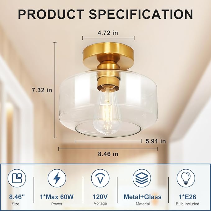 Industrial Semi Flush Mount Ceiling Light: Gold Kitchen Lighting Fixtures Ceiling with Clear Glass - Vintage Hallway Light Fixtures E26 Bulb Included - 8.46” Light Fixtures Mount for Foyer
