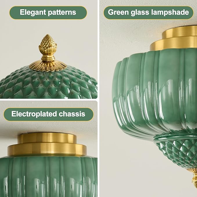 Vintage Ceiling Light Fixture 14 inch Semi Flush Mount Ceiling Light Mid Century Modern Green Glass Ceiling Lamp for Bedroom Kitchen Restaurant Hallway Schoolhouse