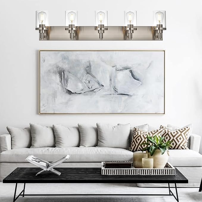 5 Lights Vanity Wall Light Fixtures Over Mirror, Modern Bathroom Light with Clear Glass Shade, Brushed Nickel Farmhouse Wall Sconce Lighting for Bathroom Mirror Kitchen Porch Living Room