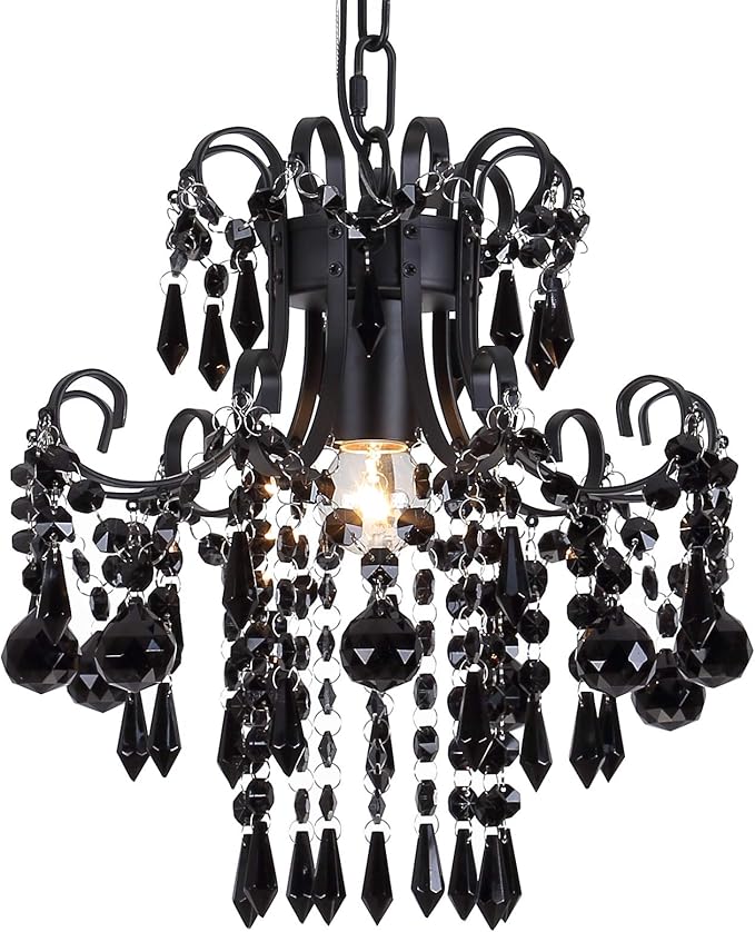 Q&S Mini Crystal Chandelier, Modern Black Small Chandelier 1-Light Crystal Pendant Light Fixture for Princess House Nursery Girls Hallway Entryway Bedroom Foyer Bathroom Kitchen W11.8 UL Listed