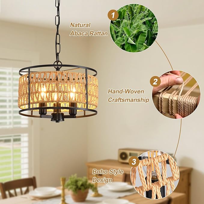 lobolighting Boho Rattan Chandelier, 11.8" 3-Lights Farmhouse Pendant Light with Hand Woven Drum Shade, Modern Black Chandelier for Dining Room Living Room Kitchen Island Bedroom