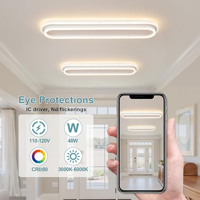 Modern Linear Ceiling Light, 31.5Inch Dimmable LED Flush Mount Ceiling Lamp with Remote Control, Long Kitchen Ceiling Light Fixture for Living Room Dining Room Bedroom Hallway (White)