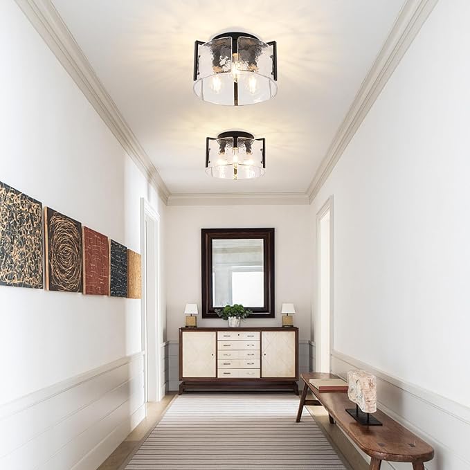 Glass Ceiling Light, Modern Semi Flush Mount Ceiling Lighting Fixture, Round Hallway Lighting Fixtures for Kitchen