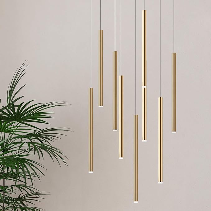 CANALIS 9 Mini Pendant Lighting Brass - LED Hanging Light Fixture for Kitchen Island, Bar, Foyer - Cluster Pendants - Dimmable, Adjustable Wire, Lamp Bulb Included