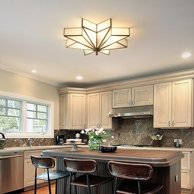 Star Brass Glass Ceiling Light - 19.5 In Black Large Flush Mount Fixture - Art Deco Mid Century Vintage Modern Moravian Lighting Light for Bedroom Dining Kitchen Foyer Farmhouse Living Room