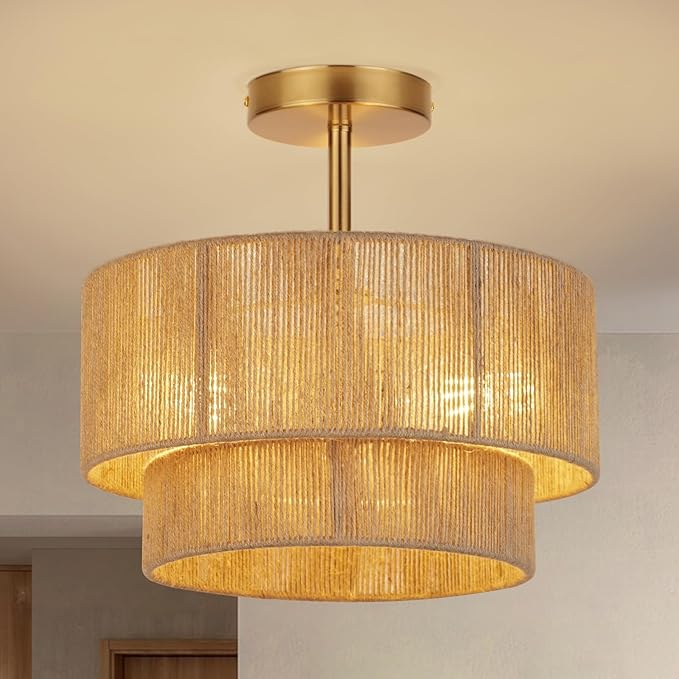 3-Light Boho Light Fixtures Ceiling Mount,12.6'' Rattan Semi Flush Mount Ceiling Light Fixture,Coastal Hemp rope Drum Light Fixtures with 2-Tier Shade, Farmhouse Light Fixture for Bedroom Hallway