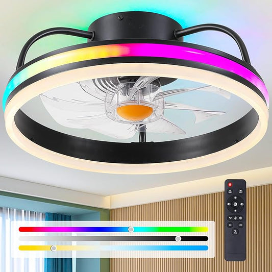 Ceiling Fan-Low Profile Ceiling Fan with Light - Modern Flush Mount Ceiling Fan ,16" RGB Dimmable LED Enclosed Ceiling Fans,Modern Bladeless LED-RGB Ambient Light for Bedroom Kids Room Party（Black）