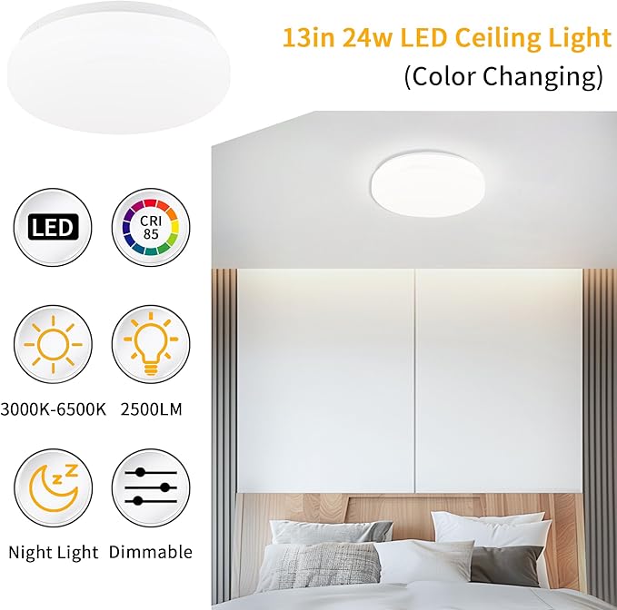 13 Inch Flush Mount Ceiling Light Fixture with Remote Control,24W Dimmable 3000K-6500K Light Colors Adjustabl,Modern Ceiling Lights for Bedroom，Kitchens