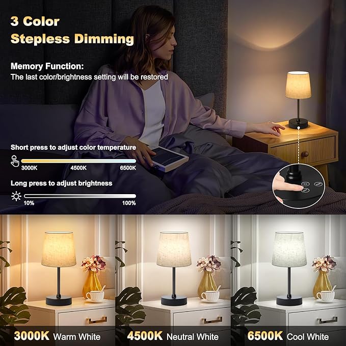 Wowag Small Cordless Table Lamp,5000mAh Rechargeable Battery Operated Desk Lamp,3 Colors & 7 RGB Stepless Dimmable, Portable Touch Wireless Lamp for Bedroom,Dining Table,Restaurant 2 Pack (Flaxen)