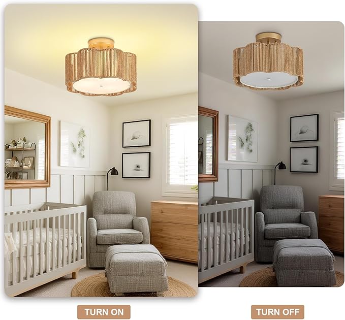 13 Inch Rattan Flush Mount Ceiling Lights 3 Lights Boho Farmhouse Ceiling Light Fixtures Wicker Hand Woven Light Fixtures for Dining Room Kitchen Bedroom Foyer Hallway Entryway