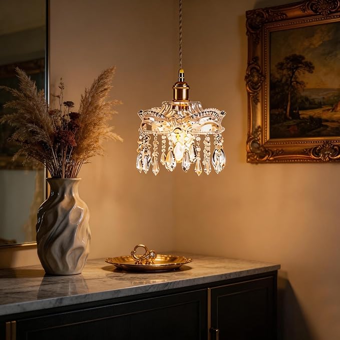 Modern Crystal Pendant Light, Mini Chandelier with Brass Base, Adjustable height,with switch Clear Glass Droplets for Bedroom, Bathroom, Hallway, Kitchen Island, Entryway (2-pack,Hard-wired)