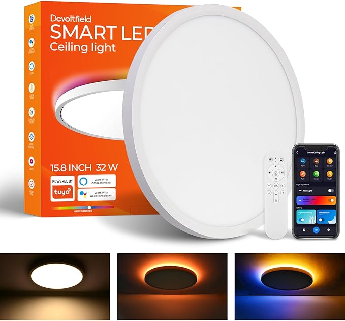 Smart LED Ceiling Light Flush Mount,16 Inch RGB, Dimmable 3000K-6500K, Night Light 2000K, Compatible with Alexa, Google, Tuya