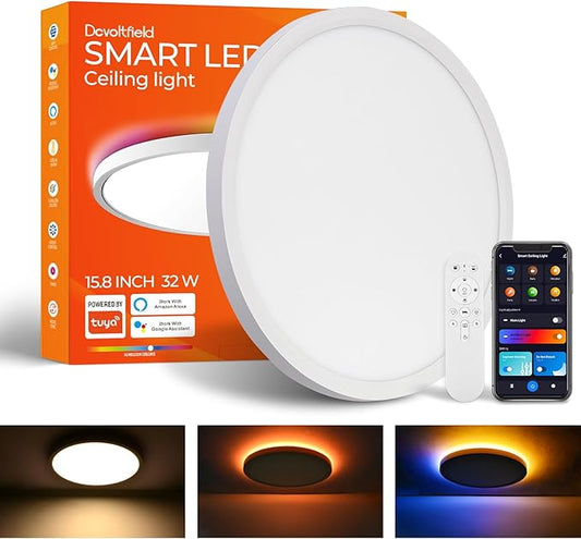 Smart LED Ceiling Light Flush Mount,16 Inch RGB, Dimmable 3000K-6500K, Night Light 2000K, Compatible with Alexa, Google, Tuya