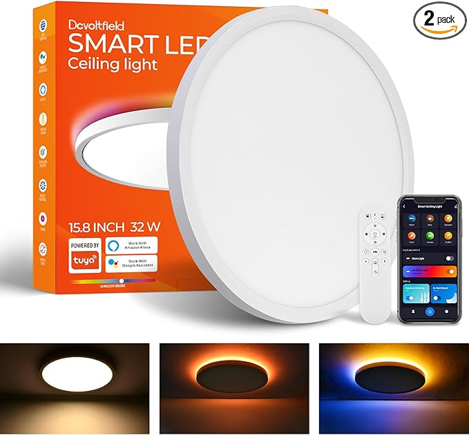 Smart LED Ceiling Light Flush Mount, 16 Inch RGB, White, 3200 Lumen, 30W, 2 Count, Bedroom, Modern Style