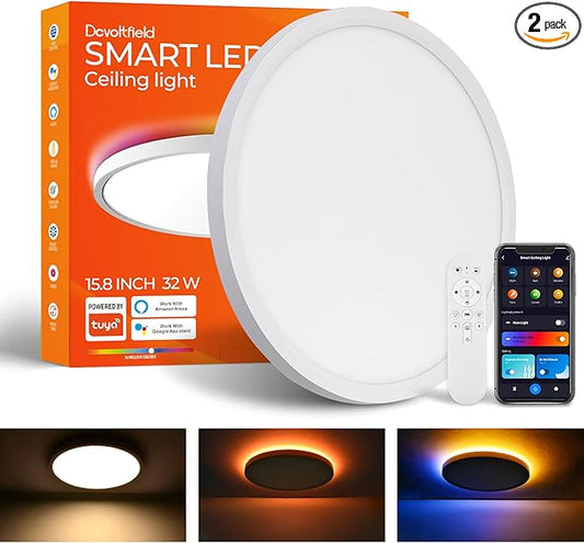 Smart LED Ceiling Light Flush Mount, 16 Inch RGB, White, 3200 Lumen, 30W, 2 Count, Bedroom, Modern Style
