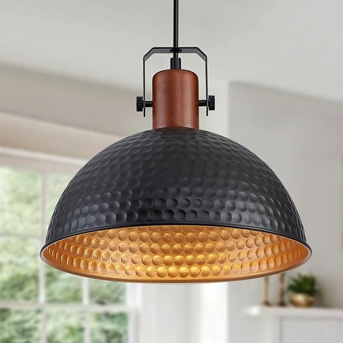 12 Inch Black Pendant Lights Hammered Matte Pendant Lights for Kitchen Island Industrial Farmhouse Adjustable Height Dome Hanging Light Fixtures for Barn, Dining Room 3 Packs