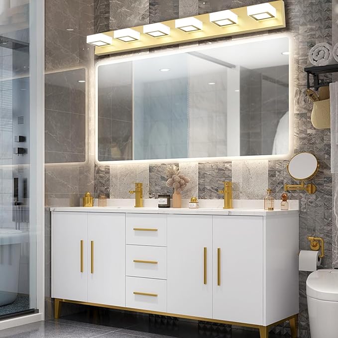 Ralbay Modern Gold Vanity Lights 6 Lights LED Modern Gold Vanity Lights Over Mirror Fixture Acrylic Gold Bathroom Vanity Wall Light (White Light 6000K)