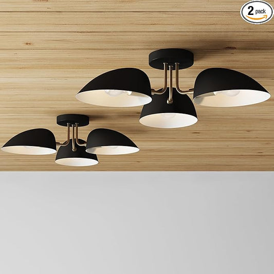 Nathan James Argo Semi Mount Flush Ceiling Light, 3-Lights Modern Retro Lighting with Black Rounded Shades for Hallway, Dining Room and Bedroom, Vintaged Brass/Black