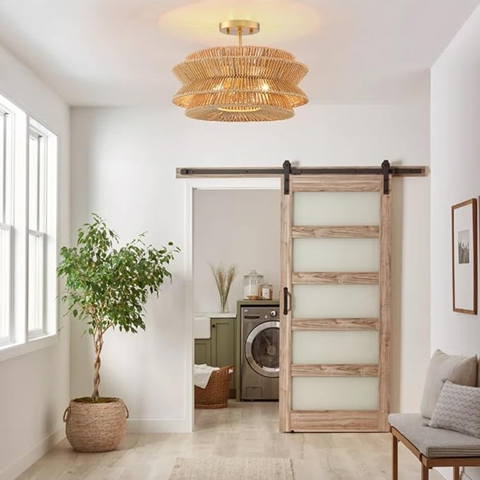 Boho 16''Coastal Rattan Semi Flush Mount Ceiling Light Farmhouse Rattan Ceiling Light Gold Nursery Ceiling Lights for Bedroom Kitchen Entryway Hallway(E26 Base)
