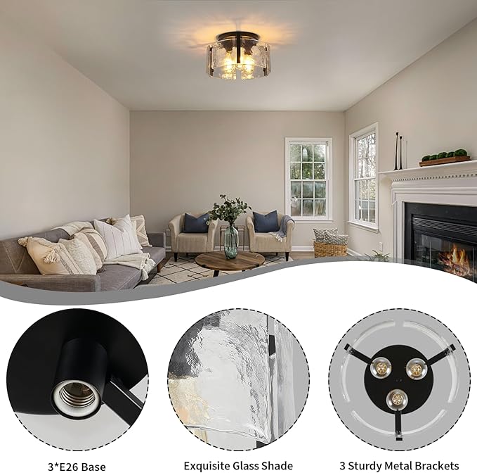 Black Semi Flush Mount Ceiling Light Fixture, 14-Inch Glass Drum Flush Mount Light Farmhouse Modern Lights Kitchen Lighting Fixtures for Foyer Entryway Hallway Laundry Room Bedroom Bathroom