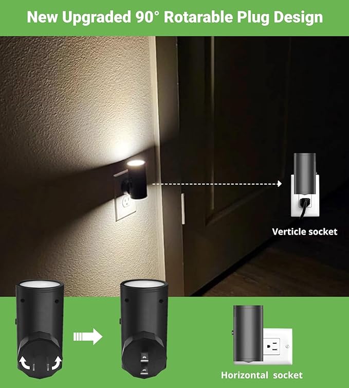 4 Pack Dimmable LED Night Light Plug-in with Dusk to Dawn Sensor, 5000K Daylight, 0-300LM Adjustable Brightness & 180° Rotating Head, Auto On/Off, for Bedroom, Bathroom, Kitchen, Hallway Outlet
