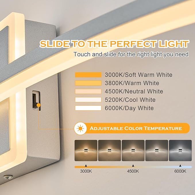 Benkut Modern LED Wall Sconce Silver LED Bathroom Light Fixtures Over Mirror Wall Lighting for Bathroom, Dimmable Long Vanity Light for Bathroom Living Dining Room(5CCT 31.5Inch)
